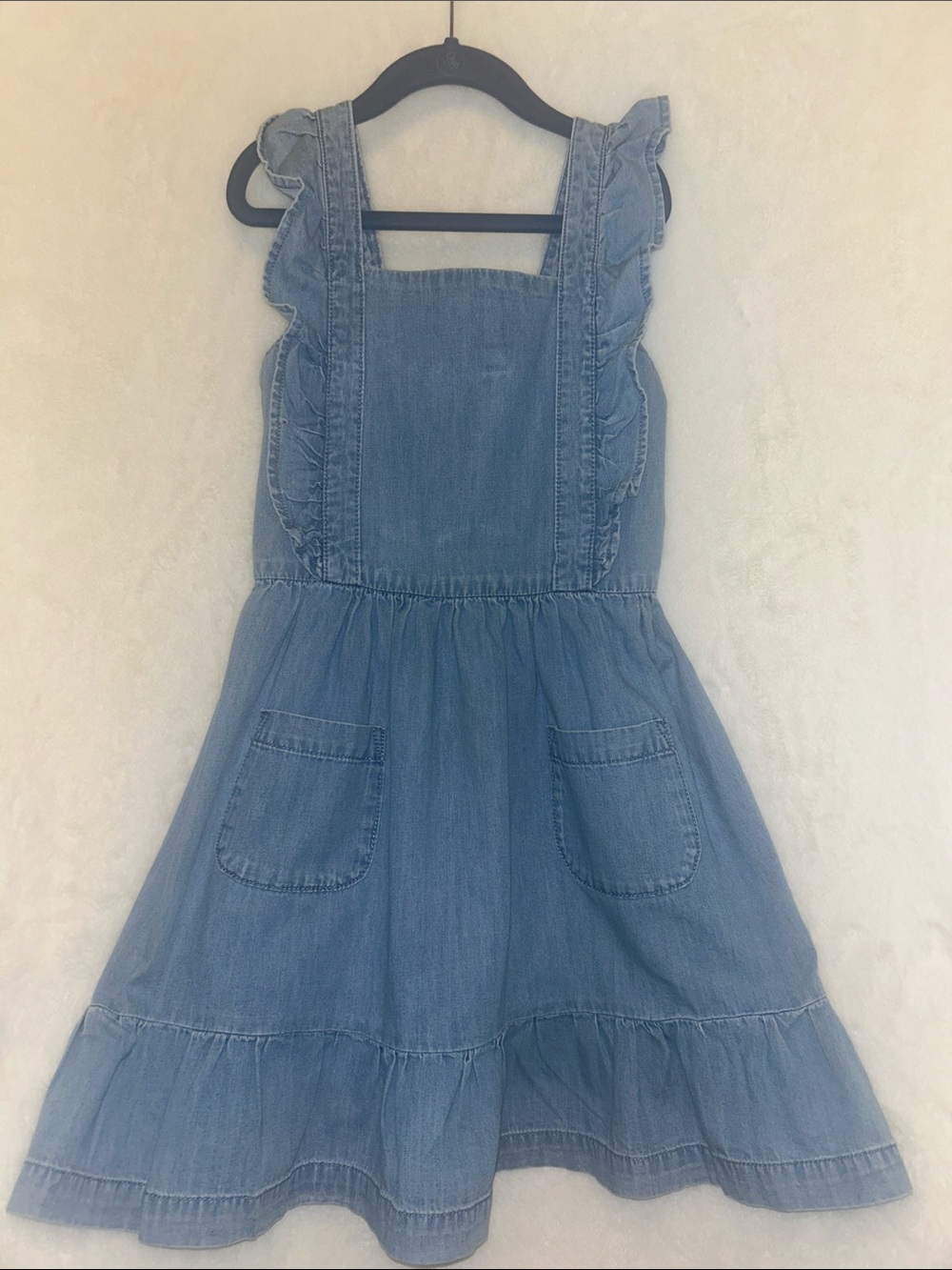 Hanna Andersson Girls Light Blue Denim Ruffle Strap Dress